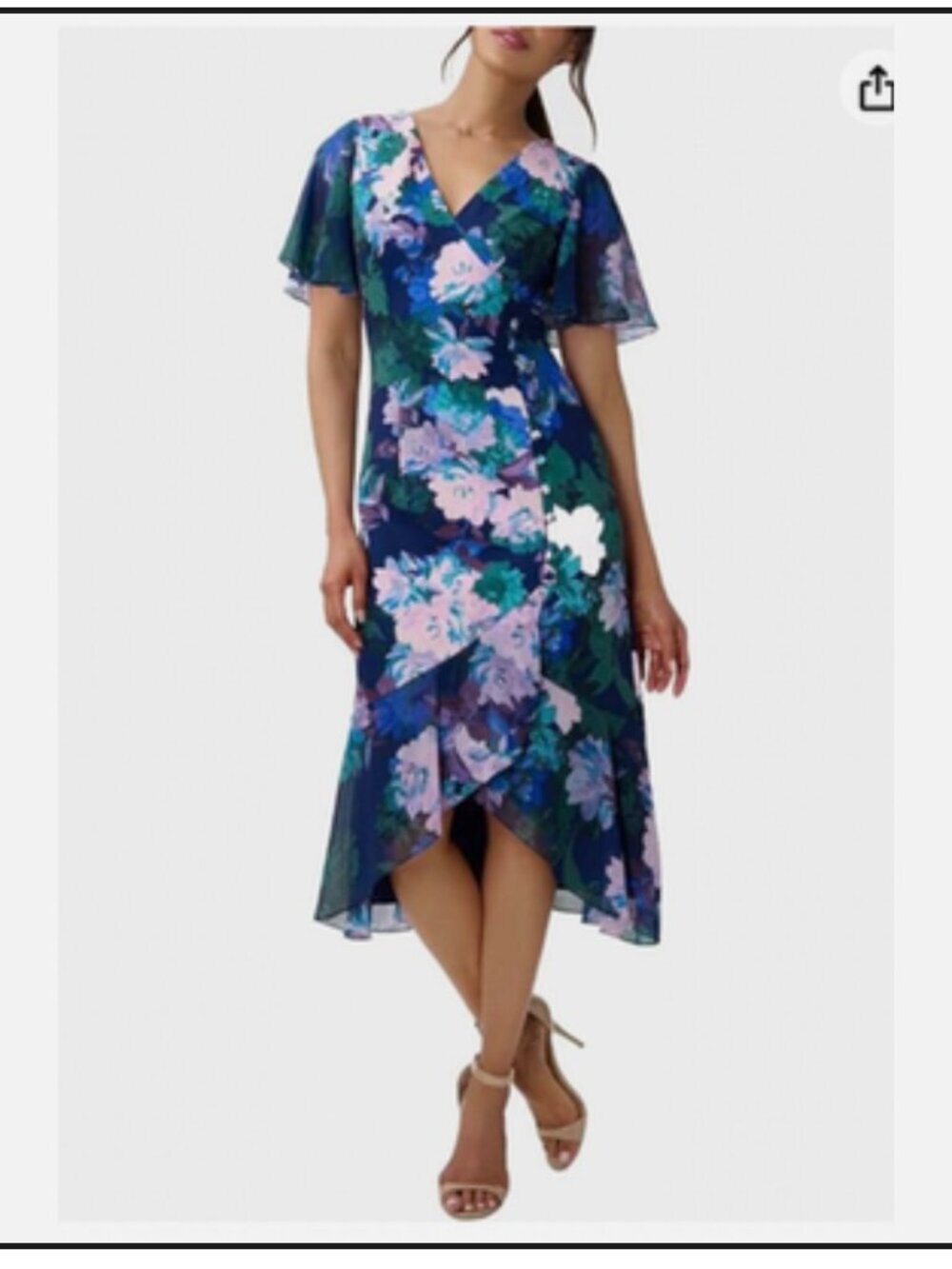 Adrianna Papell Navy Floral Ruffle Faux Wrap Dress, Size 8